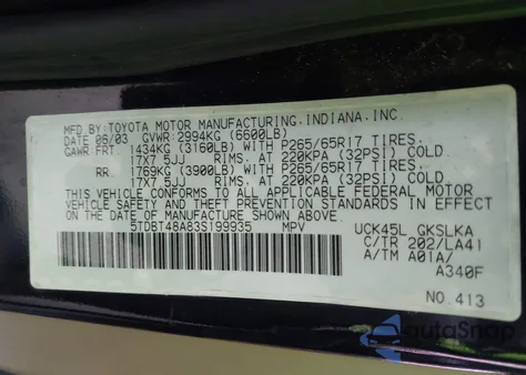 2003 Toyota Sequoia Limited V8 from USA, damaged, VIN 5TDBT48A83S199935